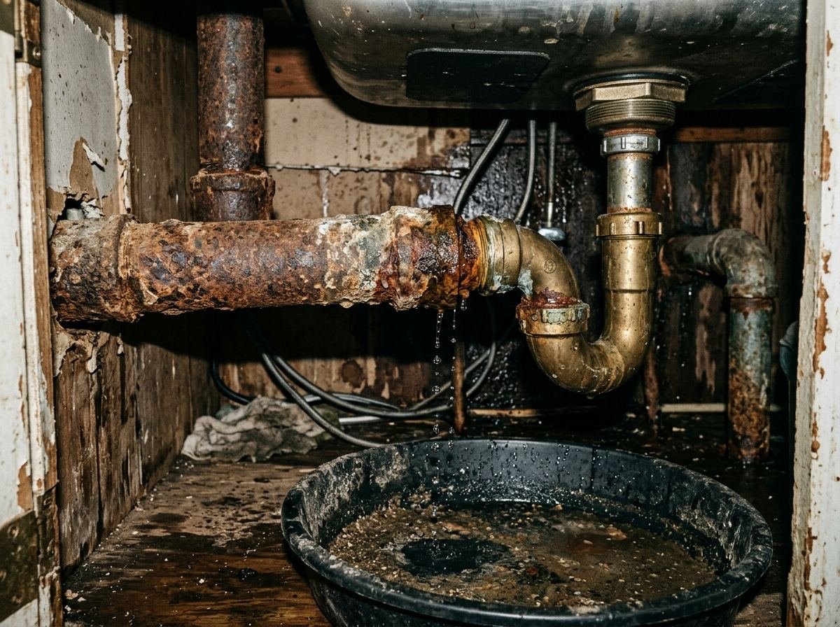 Before old corroded leaky plumbing pipe